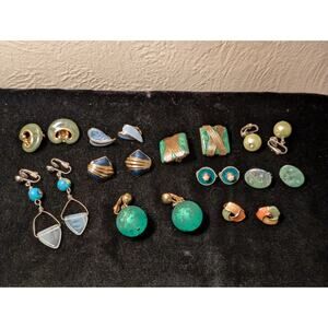 Vintage Ten Pair Blue/Green Theme Clip On Earring Lot